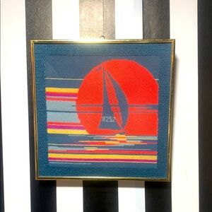 Vintage Embroidered Sailboat Sunset Nautical Coastal Wall Art in a Gold Frame